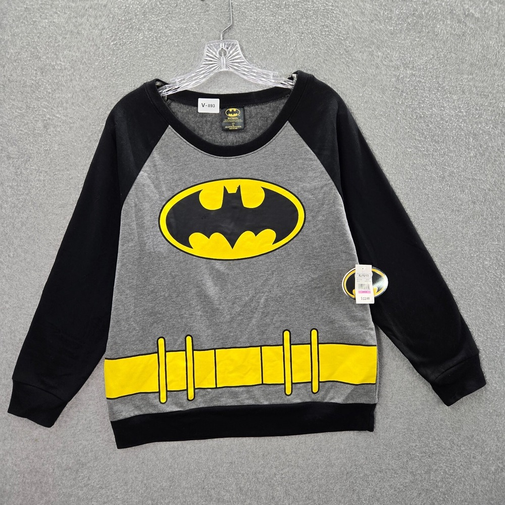 Batman Boys Sweatshirt XL Gray Logo Raglan Long Sleeve Fleece Pullover NWT